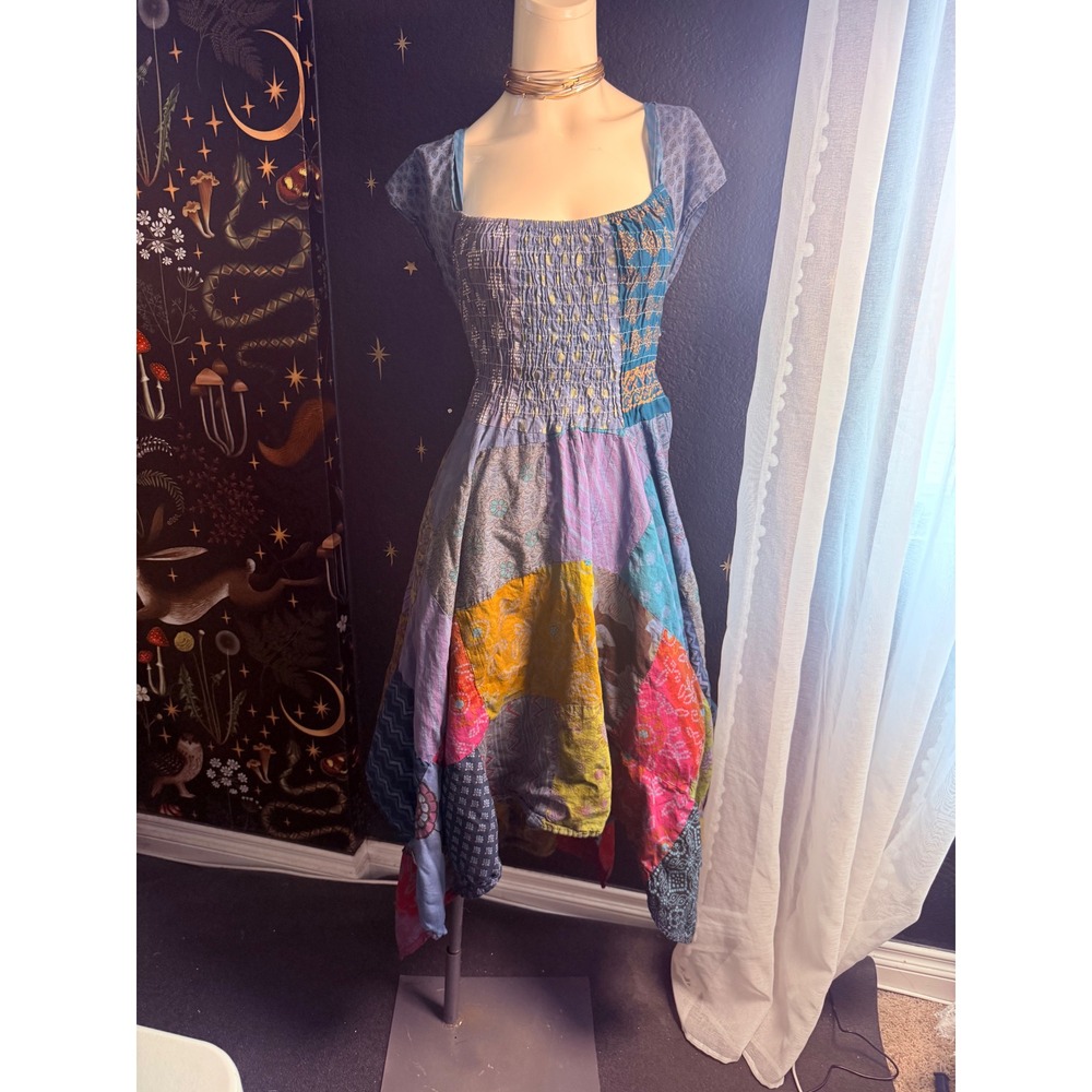 O.I.A.
ETC Cotton Patchwork Smocked Handkerchief Hem Midi Dress Blue Multi